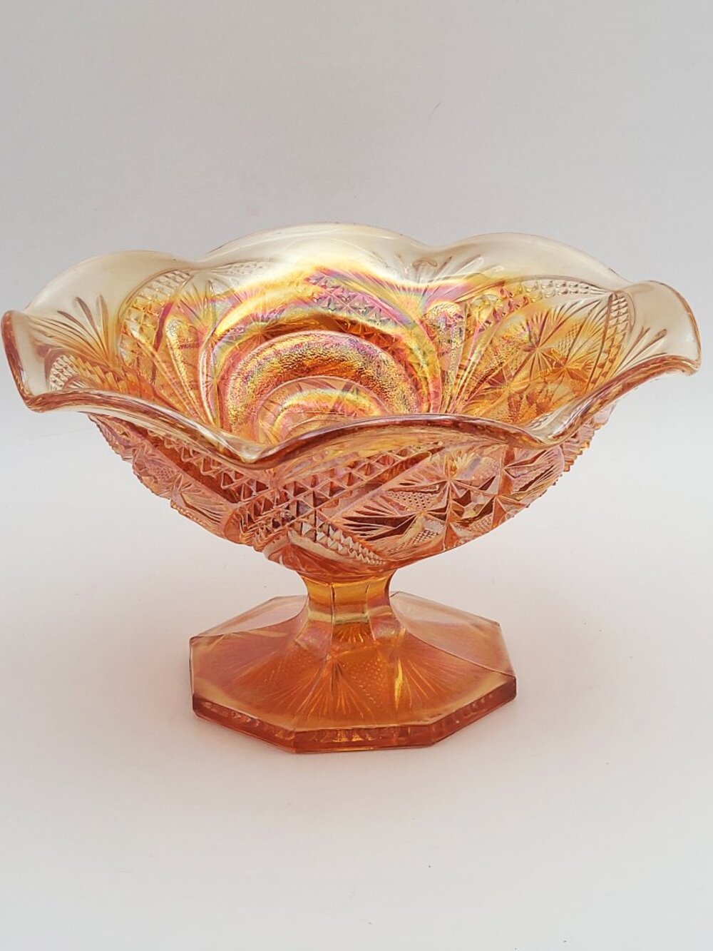 Imperial Marigold Carnival Glass Scroll Embossed Eastern Star Compote